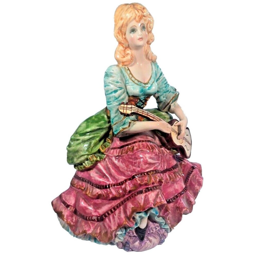 Vtg Capodimonte Statue Victorian Minstrel Woman Playing Guitar Chitarra Battente